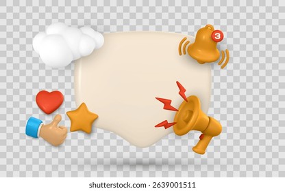 Social Media Elements With Notification, Like, Heart, Star, and Megaphone Icons Around Blank Text Bubble. 3D Rendered UI Concept Isolated on Transparent Background. Vector Illustration.