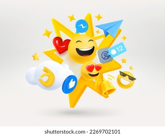 Social media elements. Red button, blue plane, emojis, icons. Subscribe concept. 3d vector illustration
