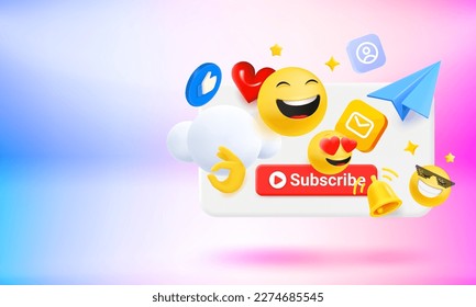 Social media elements. Red button, blue plane, emojis, icons. Subscribe concept. 3d vector banner with copy space