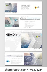 Social media and email headers set, modern banner templates. Cover design template, flat layout in popular formats. DNA molecule structure on blue background. Scientific research, medical technology.