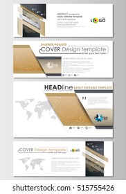 Social media and email headers set, modern banner templates. Cover design template, flat layout in popular sizes. Golden technology background, connection structure with connecting lines.