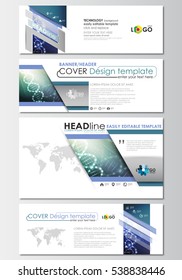 Social media and email headers set, modern banner templates. Cover design template, easy editable flat layouts. DNA molecule structure, science background. Scientific research, medical technology