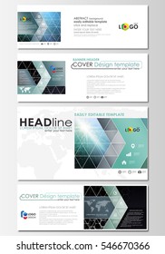 Social media and email headers set, modern banners. Business templates. Cover design template, flat layouts. Chemistry pattern, hexagonal molecule structure. Medicine, science, technology concept.
