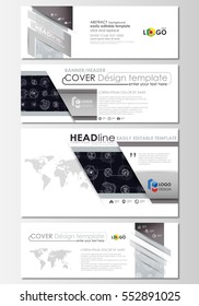 Social media and email headers set, modern banners. Business templates. Flat layouts in popular sizes. High tech design, connecting system. Science, technology concept. Futuristic vector background.