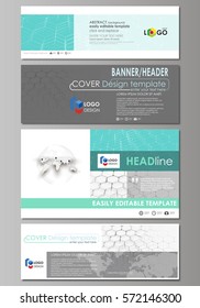 Social media and email headers set, modern banners. Abstract design template, vector layouts in popular sizes. Chemistry pattern, hexagonal molecule structure on blue. Medical, technology concept.