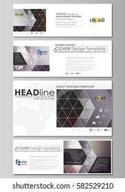 Social media and email headers set, modern banners. Business design templates. Vector layouts in popular sizes. Dark color triangles, colorful circles. Abstract polygonal style background.