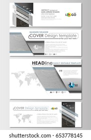 Social media and email headers set, modern banners. Business templates. Cover design, flat layouts. Abstract 3D construction, polygonal molecules on gray background, scientific technology vector