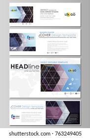 Social media and email headers set, modern banners. Business templates. Vector layouts in popular sizes. Abstract polygonal background with hexagons. Black color geometric design, hexagonal geometry.
