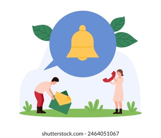 Social media and email notification in mobile app, attention to message delivery, newsletter subscription. Tiny people send mail, yellow bell symbol inside bubble cartoon vector illustration