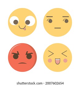 Social Media Emoji Design With Angry, Smile, Silly And Annoyed Face. Round Social Media Emoji Design With Different Moods. Yellow And Red Color-faced Emoji Collection.