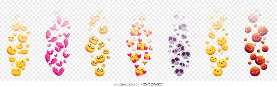 Social media emoji flying isolated on transparent background. Vector cartoon illustration of emoticon icons with smiling, sad, angry emotions, skull, broken hearts reaction to online chat message