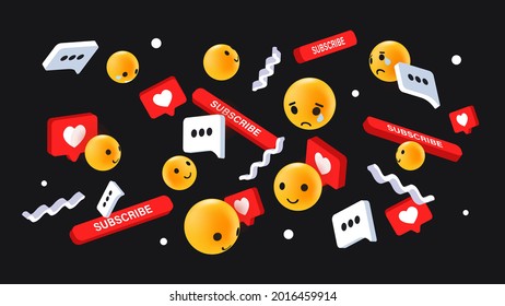 Social Media Emoji Reactions Concept. Flying Emoticons, Like, Emoji Faces, Hearts, Comment and Subscribe Button on Dark Background. Vector illustration