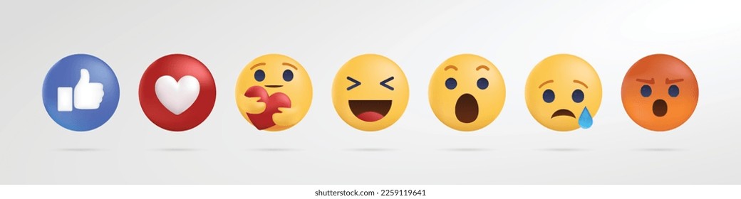Social Media Emoticon Buttons. Collection of Emoji Reactions for Social Media. 3D Social Media Reaction.