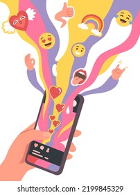 Social media emoticons on smartphone screen. Hand holding mobile cell phone with hearts, gestures, smile faces on Internet. Online communication chat app technology concept flat vector illustration