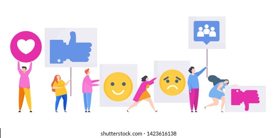 Social media emotions. People hold posters with different emotions. Trendy flat vector style.