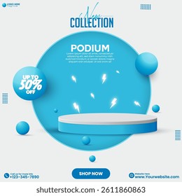 Social media empty 3D abstract podium design with blue color. Abstract minimalist empty social media product advertisement studio background design. Blue flash sale showcase vector. Social media post.