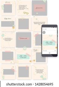 Social media endless feed editable template. Puzzle grid for business or personal account. Customizable layouts vector pack. Easy to insert your photo and text. Pastel theme with summer doodles.