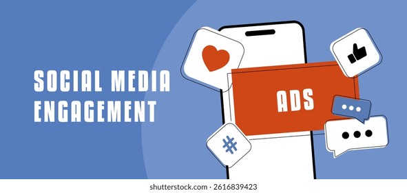 Social media engagement banner boosts online interaction with vibrant design, likes, shares and comments for website headers or footers. Social media engagement rate vector illustration and icons