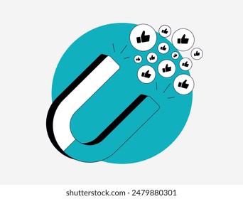 Social media engagement concept. Attracting likes with huge magnet. Customer acquisition, user retention strategy. Audience engagement flat vector isolated outline illustration with icons