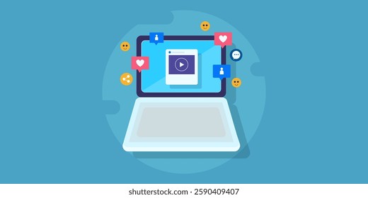 Social media engagement concept, Audience engaged with social media content, Viral video content with like, share and comment - vector illustration background with icons