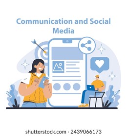 Social Media Engagement concept. User connecting online, sharing content, and networking. Lively digital interaction and community building. Flat vector illustration.