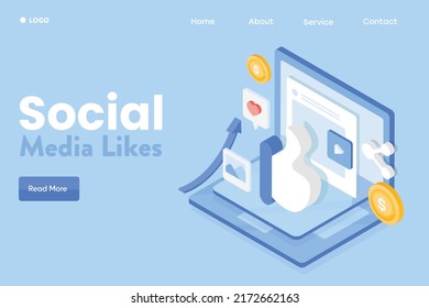 Social media engagement, digital marketing strategy, Getting love, likes, comments and share, social media ads - 3D isometric vector landing page template