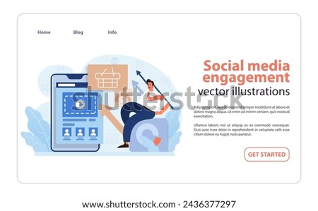 Social Media Engagement. Dynamic illustration of a social media strategist increasing brand interaction through content and user engagement.