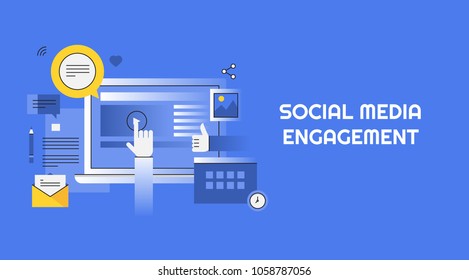 Social Media Engagement - Hand Pressing Video - Content Sharing Flat Vector Line Illustration With Icons