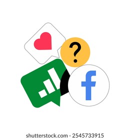 Social Media Engagement Icons Including Heart And Question Symbols, Flat Vector Illustration Representing Online Interaction And Audience Engagement, Isolated On White Background.