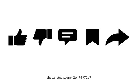 Social Media Engagement Icons: Like, Dislike, Comment, Bookmark, Share Symbols