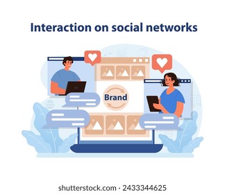 Social Media Engagement. Illustration of a man and woman actively engaging with online audiences through a brand's social media presence. Digital connectivity and interaction. Flat vector.