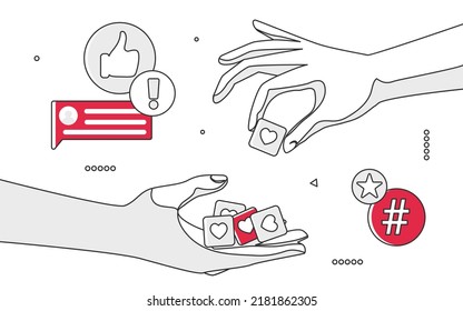 Participación en medios sociales y actividad de los usuarios de internet. Recolectando me gusta la afirmación y reseña la ilustración del monocolor vectorial