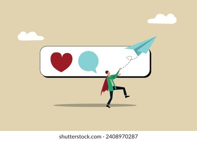 Social media engagement, Launching or getting results from brand interactions, product feedback, service or total brand behavior in social networks after sharing, Business man giving feedback