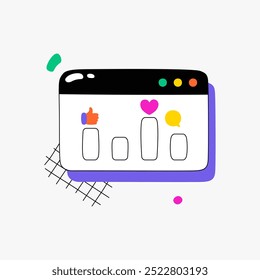 Social media engagement metrics dashboard with likes, hearts, and comments in flat vector illustration representing content performance, digital marketing, and analytics, isolated on white.