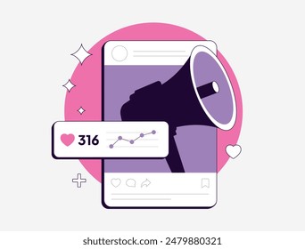 Social media engagement posts concept. Increase post engagement rates with infographics, video content stories, contests and giveaways. Social media engagement flat vector isolated illustration