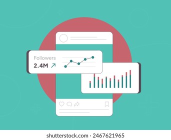 Social Media Engagement Rates for Tracking Followers Growth KPI Metrics. Audience engagement and performance monitoring. Social media followers flat vector illustration with icons