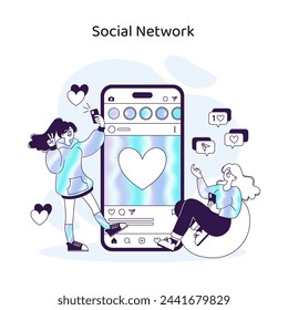 Social Media Engagement scene. Users interact with content and friends through a social network platform on their smartphones, depicting online connectivity. Vector illustration