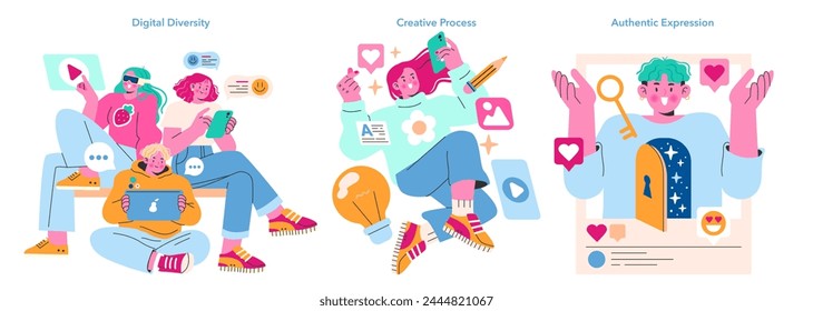 Social Media Engagement set. Colorful scenes depicting digital diversity, the creative process, and authentic expression online. Celebrating creativity in the virtual space. Vector illustration