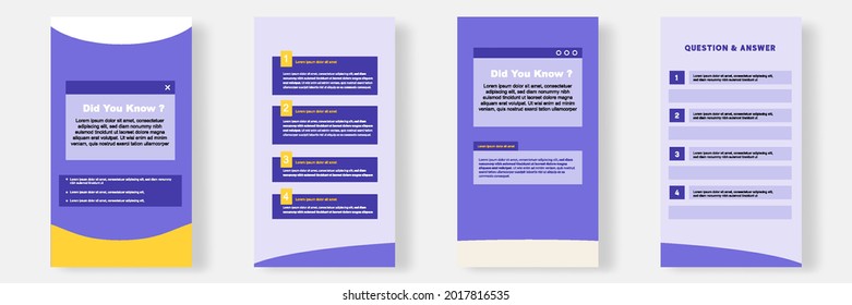 Social media faq, question, answer stories banner layout template with geometric shape background and bubble message design element in purple yellow white color. Vector illustration