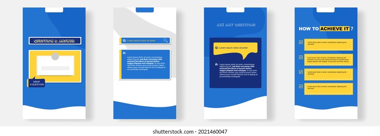 Social media faq, question, answer stories banner layout template with geometric shape background and bubble message design element in blue yellow white color. Vector illustration