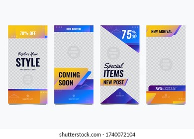 Social media fashion sale story template with colorful geometric blue and yellow lines and photo space.