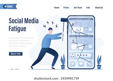 Social Media-Müdigkeit, Landing-Page-Vorlage. Benutzer schlagen Handy mit Hammer. Medienanwendung auf dem Bildschirm. Smartphone mit Rissen. Abhängigkeit von Gadgets und Technologie. Digitale Entgiftung. Flacher Vektor