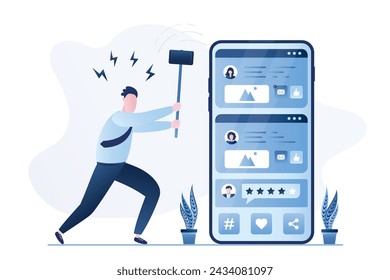 Social media fatigue. A young man wants to smash mobile phone using a hammer. Media application on smartphone screen. Dependence on gadgets and technology. Digital detox. Flat vector illustration 