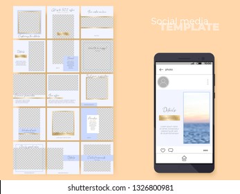 Social media feed editable template. endless puzzle grid for business profiles. Vector layouts set. Easy to insert your photo and text. Blue theme with golden accents.