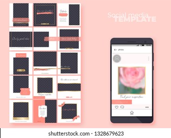 Social media feed editable template. Endless puzzle grid for business account. Vector layouts pack. Easy to insert your photo and text. Coral theme with golden accents.