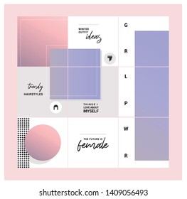 Social media feed editable template. Endless puzzle grid for business account. Pink and purple theme.