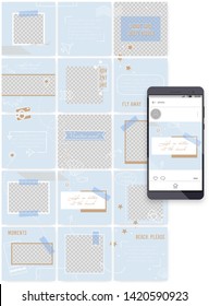 Social media feed editable template. Endless puzzle grid for business profiles. Vector layouts set with hand drawn doodles: travel, flight, beach, stars. Easy to insert your photo and text.