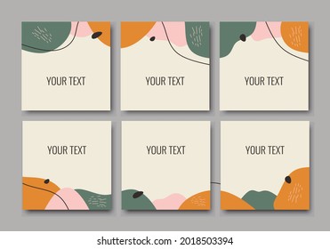 Social media feed editable template in pastel colors combination. Abstract puzzle minimalist style for business account or personal account with floral elements. Vector layouts pack