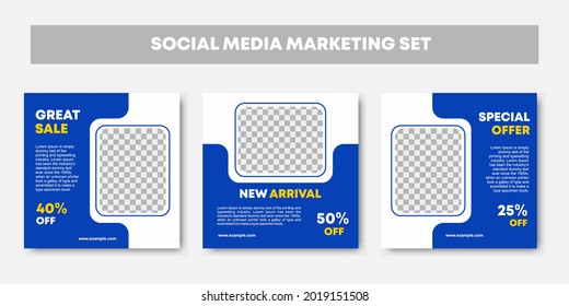 Social media feed editable template. Set of modern blue and white background with stripe line shape. Suitable for social media post and web internet ads with photo college. Vector illustration
