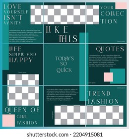 Social media feed editable template. Endless puzzle grid for fashion account. Vector layouts pack. Easy to insert your photo and text. 